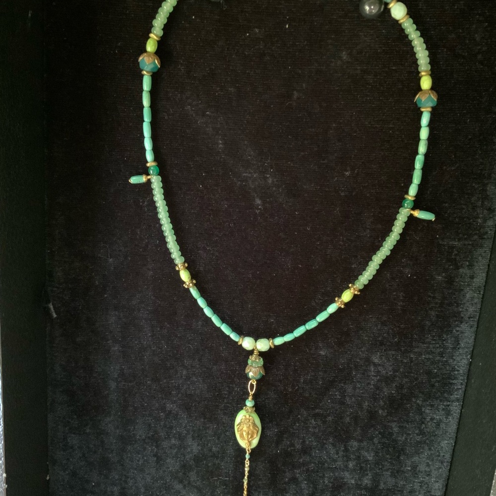 Vintage/Boho styled necklace with Turquoise, Aventurine brass art nouveau face
